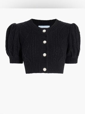 Hill House Home Ollie Sweater Black Pearl Button Cable Knit Puff Sleeve XXL Soft